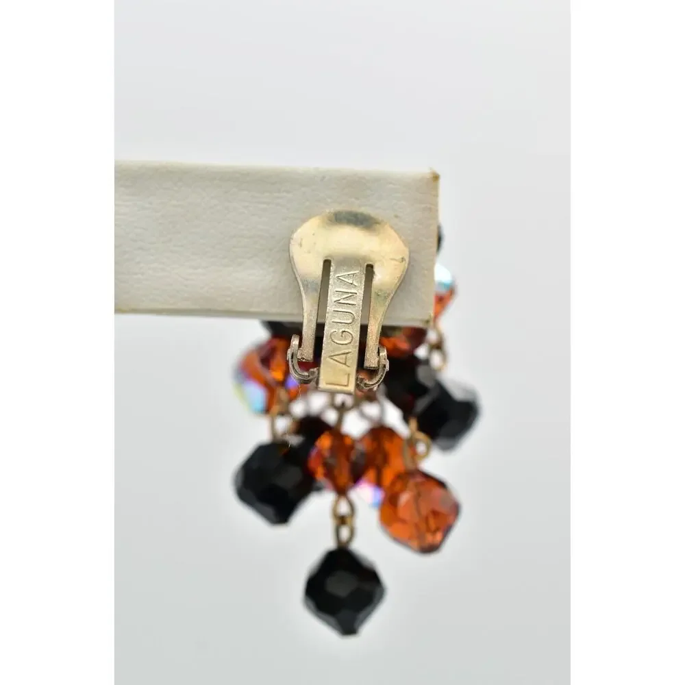 Laguna Vintage Clip On Crystal Earrings Chandelier Black Orange Signed 1950s A24
